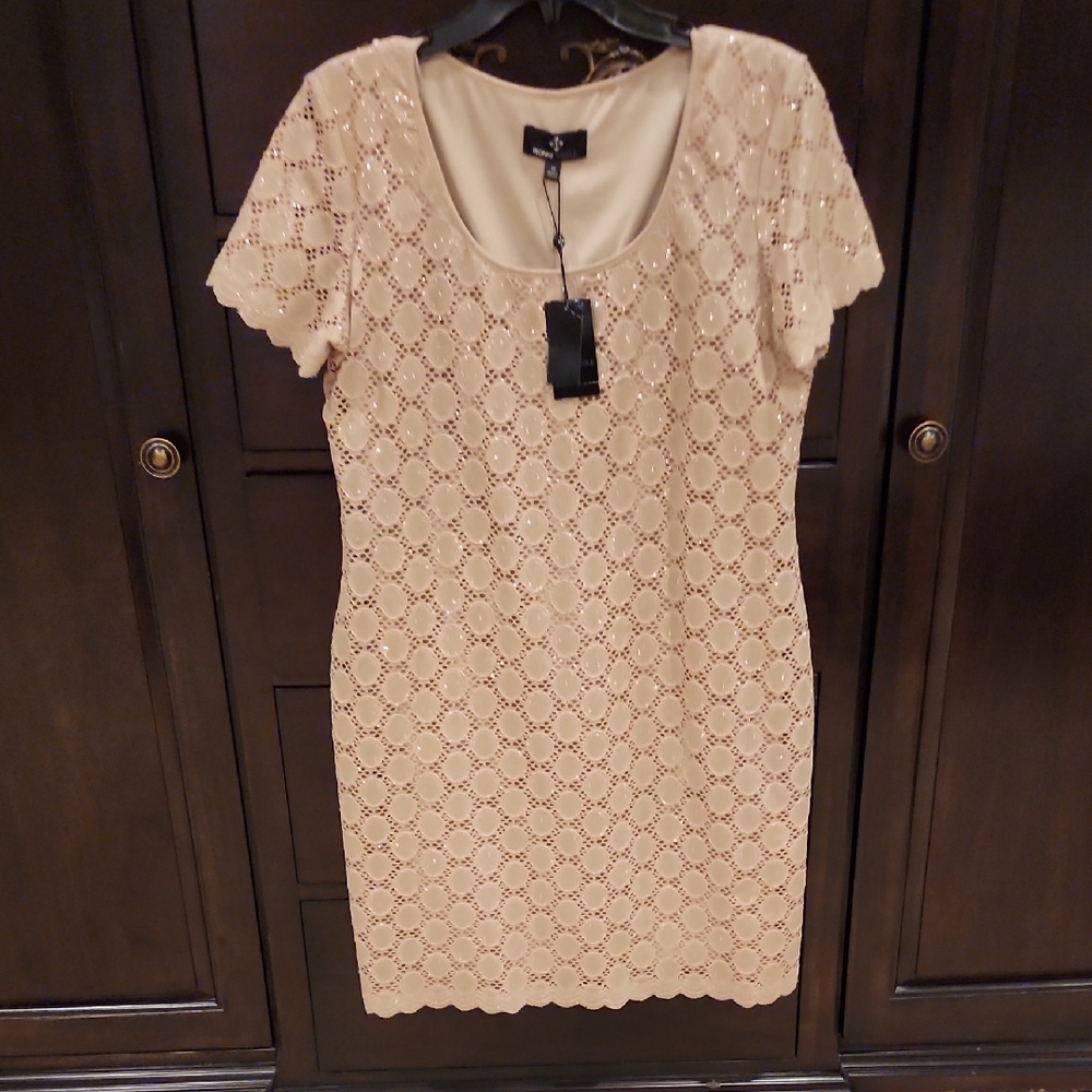 Ronni Nicole Lace Scoop-Neck Midi Dress in Beige